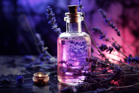 Bottle of essential oil with lavender flowers on table in darknessの素材