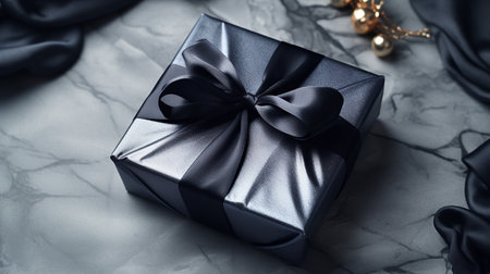 Gift box with black ribbon and bowle background, closeupの素材