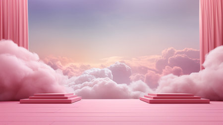 3d render of pink stage background with red curtains and white cloudsの素材