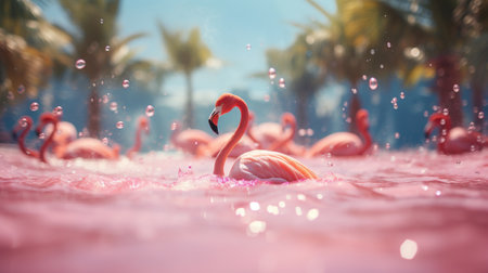 Flamingo in the ocean with splashes of water. 3d renderingの素材