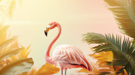 Flamingo on tropical background with palm leaves. 3d renderingの素材