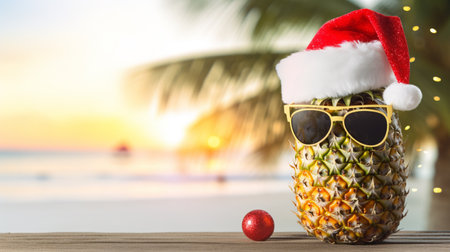 Pineapple with Santa Claus hat and sunglasses on wooden table on tropical beach backgroundの素材