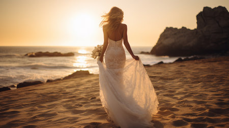 Beautiful bride in wedding dress walking on the beach at sunset.の素材