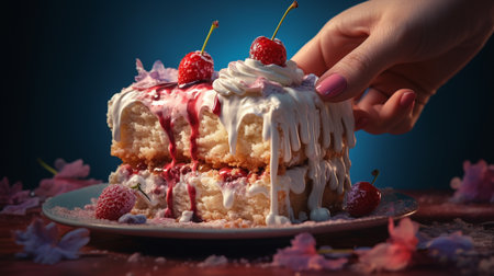 Cake with strawberries and whipped cream on a blue background. Selective focus.の素材