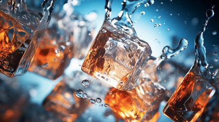 Ice cubes with water splash on blue background. 3d rendering.の素材