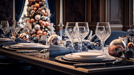 Festive table setting for Christmas and New Year dinner in luxurious apartmentsの素材