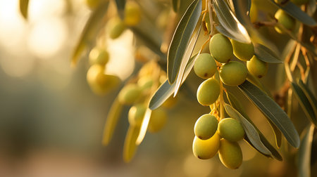Olive tree with green olives, closeup. Natural backgroundの素材