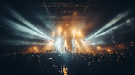 Concert crowd in front of a bright stage with lights and smokeの素材