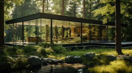 Modern house on the river bank in the forest. 3d renderingの素材
