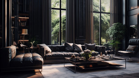 Interior of modern living room with black walls, concrete floor, comfortable sofa and coffee table. 3d renderingの素材
