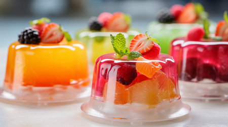 Colorful fruit jelly in glass jars with fresh berries and mint.の素材