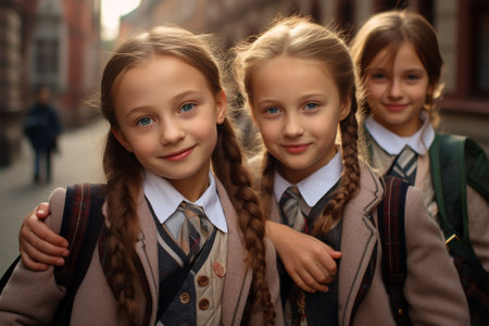 Little girls in school uniform smiling and laughing. back to school portraitの素材