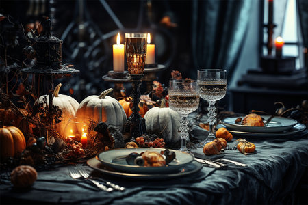 Halloween pumpkin and candles on a table with decorations, dark lightの素材