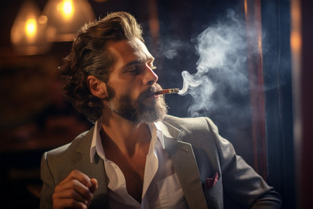 Man wearing a suit smoking close up portraitの素材