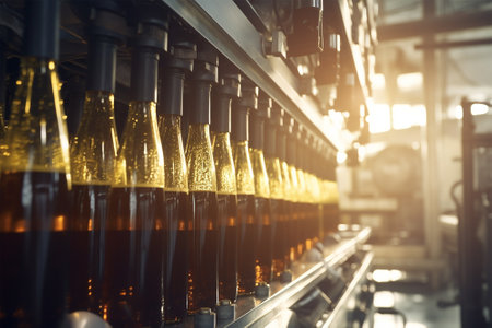 Wine production factory, glass bottles close up mechanismの素材