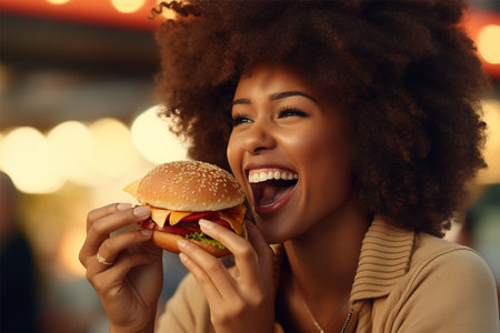 Woman eating burger close up portrait, afro American curl hairの素材