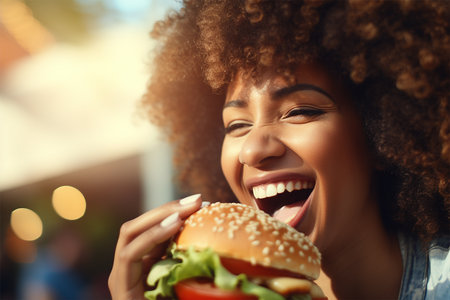 Woman eating burger close up portrait, afro American curl hairの素材