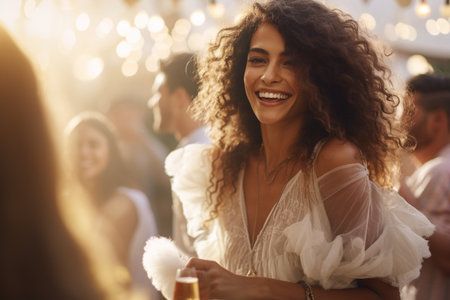 Woman with curl hair and flouncy dress at a partyの素材