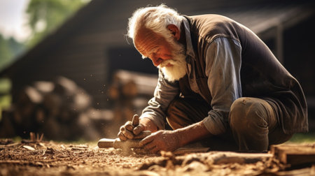 Old man working with wood in his carpentry workshop. Selective focus.の素材