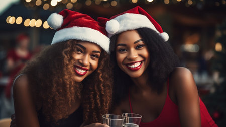 Two african american women in santa hats having fun at christmas partyの素材