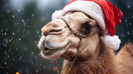 Camel in Santa Claus hat on snowfall background. Christmas holidaysの素材