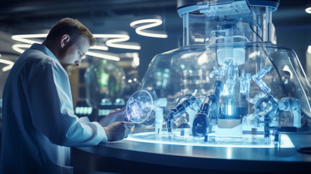 Young scientist working on a microscope in a laboratory. 3D renderingの素材