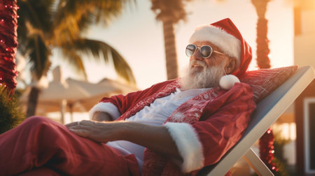 Senior man in santa claus costume relaxing on chaise-lounges on beachの素材