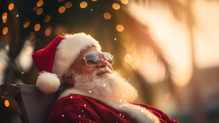 Santa Claus in sunglasses sitting on a chair on the background of a palm treeの素材