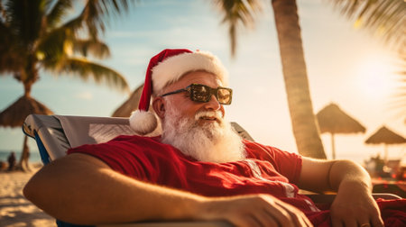 Santa Claus sitting in chaise longue on tropical beach. Christmas vacation concept.の素材