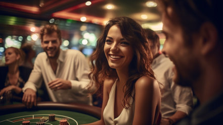 Group of young people playing roulette in casino. Focus on womanの素材