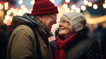 happy senior couple with red scarf at christmas market in city centreの素材
