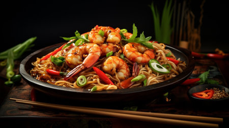 Shrimp spicy noodles in black bowl with chopsticks on dark backgroundの素材