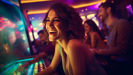Portrait of a beautiful young woman playing on a console in a casinoの素材
