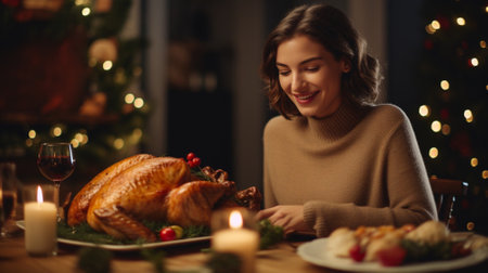 happy woman with roasted turkey on christmas dinner over living room backgroundの素材