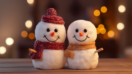 Two snowman on a wooden table with bokeh background.の素材