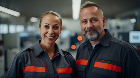 Portrait of confident factory workers standing in front of camera in factoryの素材