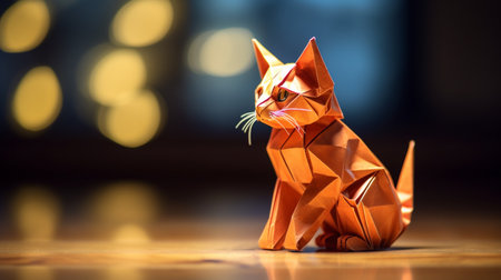 Paper origami cat on a wooden table with bokeh backgroundの素材