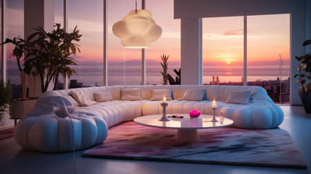 Modern bright interiors 3D rendering illustration. Living room with sofaの素材