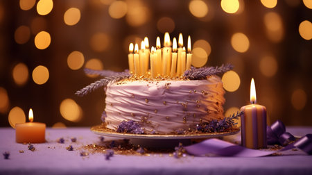 Birthday cake with candles and lavender on bokeh backgroundの素材