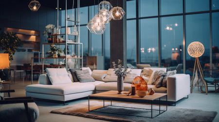 Modern living room interior with sofa, coffee table, lamp and other furnitureの素材