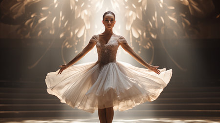 Young beautiful ballerina in a white tutu dancing in the studioの素材