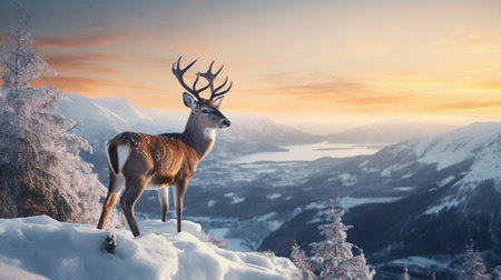 Deer on the top of the mountain with a beautiful winter landscapeの素材