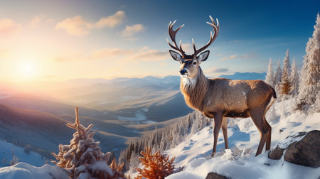 Deer in the Carpathian mountains at sunset. Panoramic viewの素材