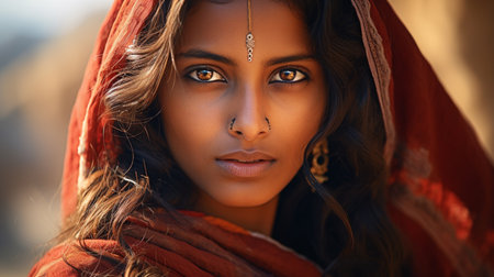Portrait of a beautiful young indian woman with red shawlの素材