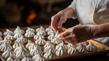 Chef making meringue cookies in the kitchen of a restaurantの素材