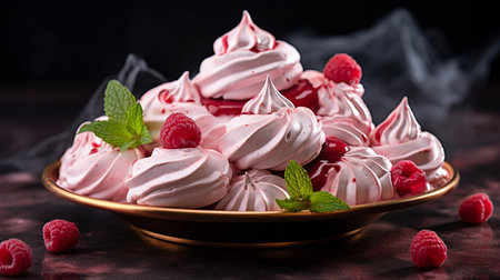 Meringue with fresh raspberries and mint on a dark backgroundの素材