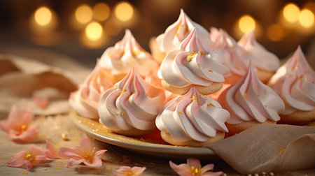 Meringue cakes on a plate with bokeh background.の素材