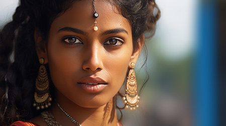 Close-up portrait of a beautiful young African American woman in traditional clothingの素材