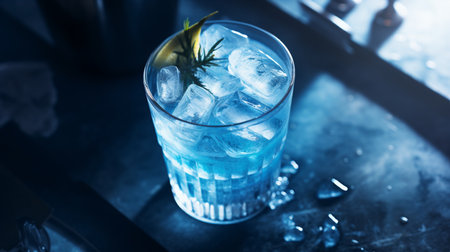 Blue cocktail with ice cubes and rosemary on a bar counter.の素材