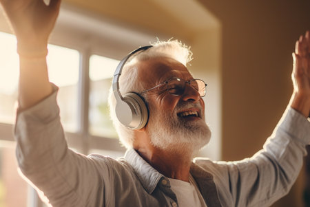 Senior man listening to music with headphones at home. Cheerful senior man dancing and listening to music with headphones.の素材